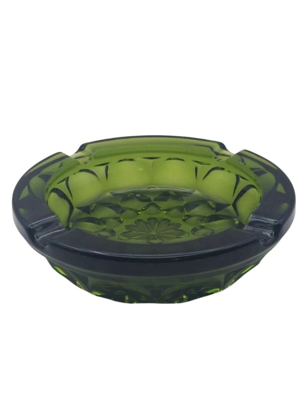 Vintage Anchor Hocking Fairfield Starburst Green Glass Ashtray 4 Cigarette Rests
